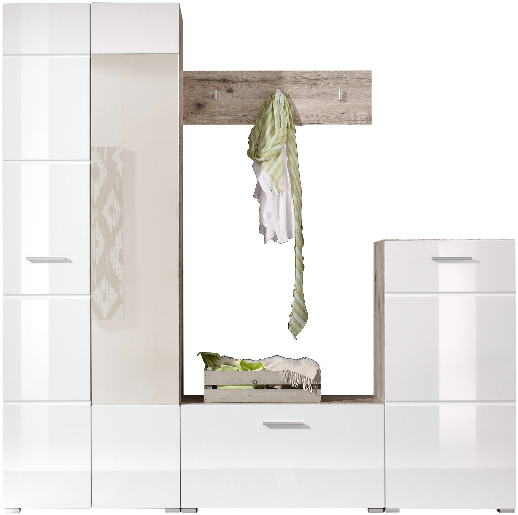 Kompaktgarderobe SIXX Weiß Hochglanz, Flurgarderobe mit Spiegel, BxHxT 195x195x36 cm