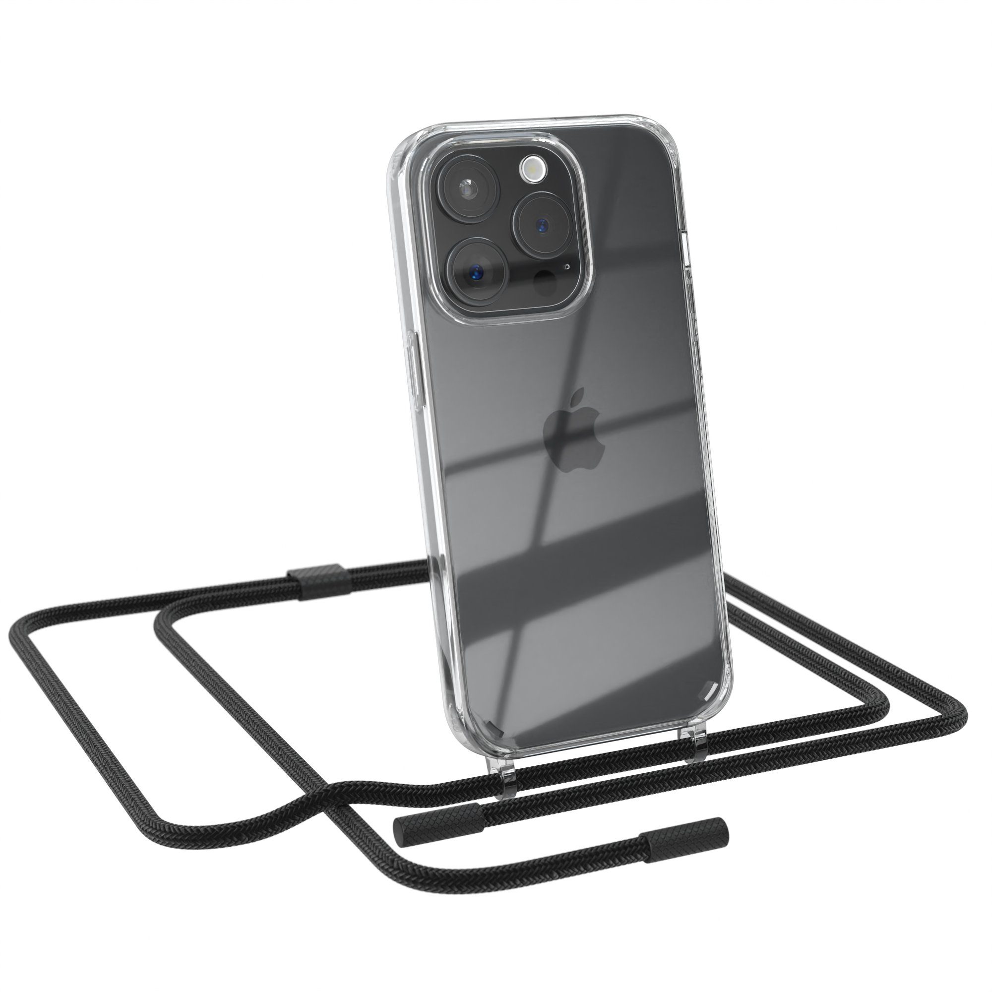 EAZY CASE Handykette Silikon Kette Unifarbe für Apple iPhone 15 Pro 6,1 Zoll, Smartphonekette Cover Silikonhülle Umhängetasche Necklace Schwarz