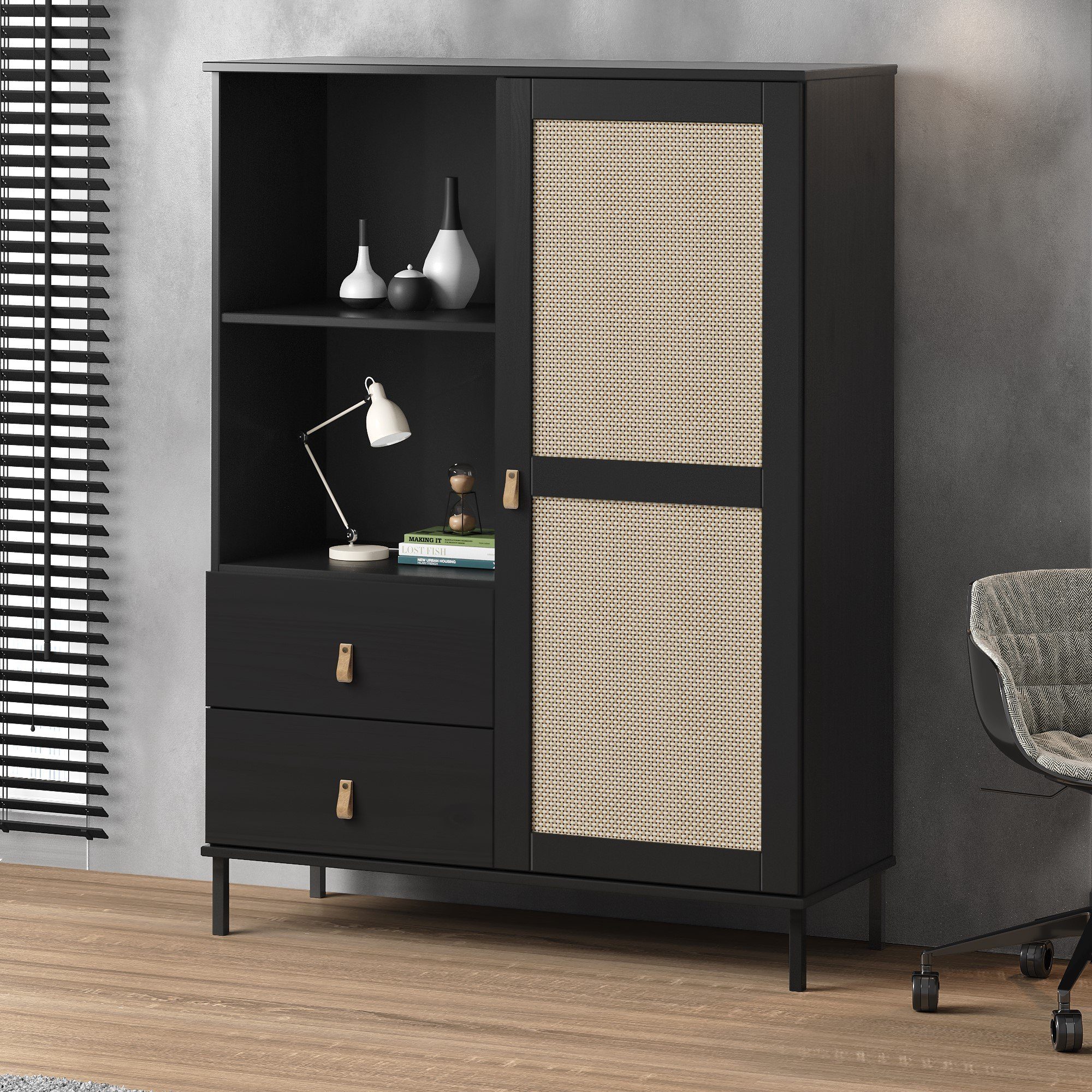 Kiefer Highboard Valencia, 100x136x40 schwarz lackiert, massiv Woodroom BxHxT cm