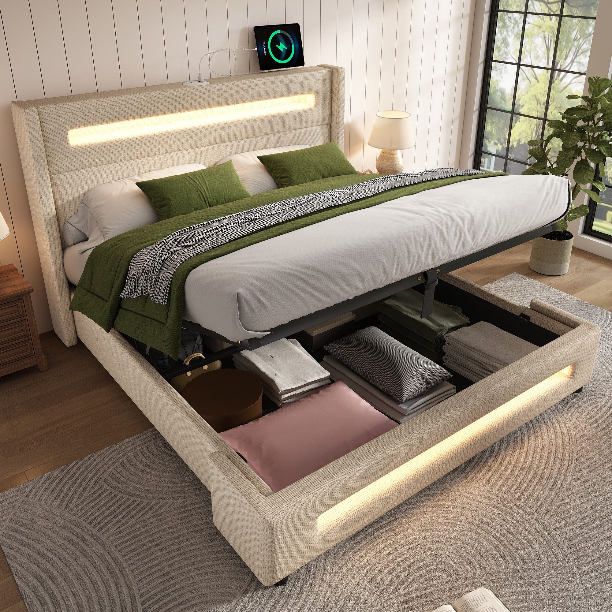 TavilaEcon Boxbett Modernes LED-Bett mit Ladestation und USB/Type-C-Anschlü günstig online kaufen