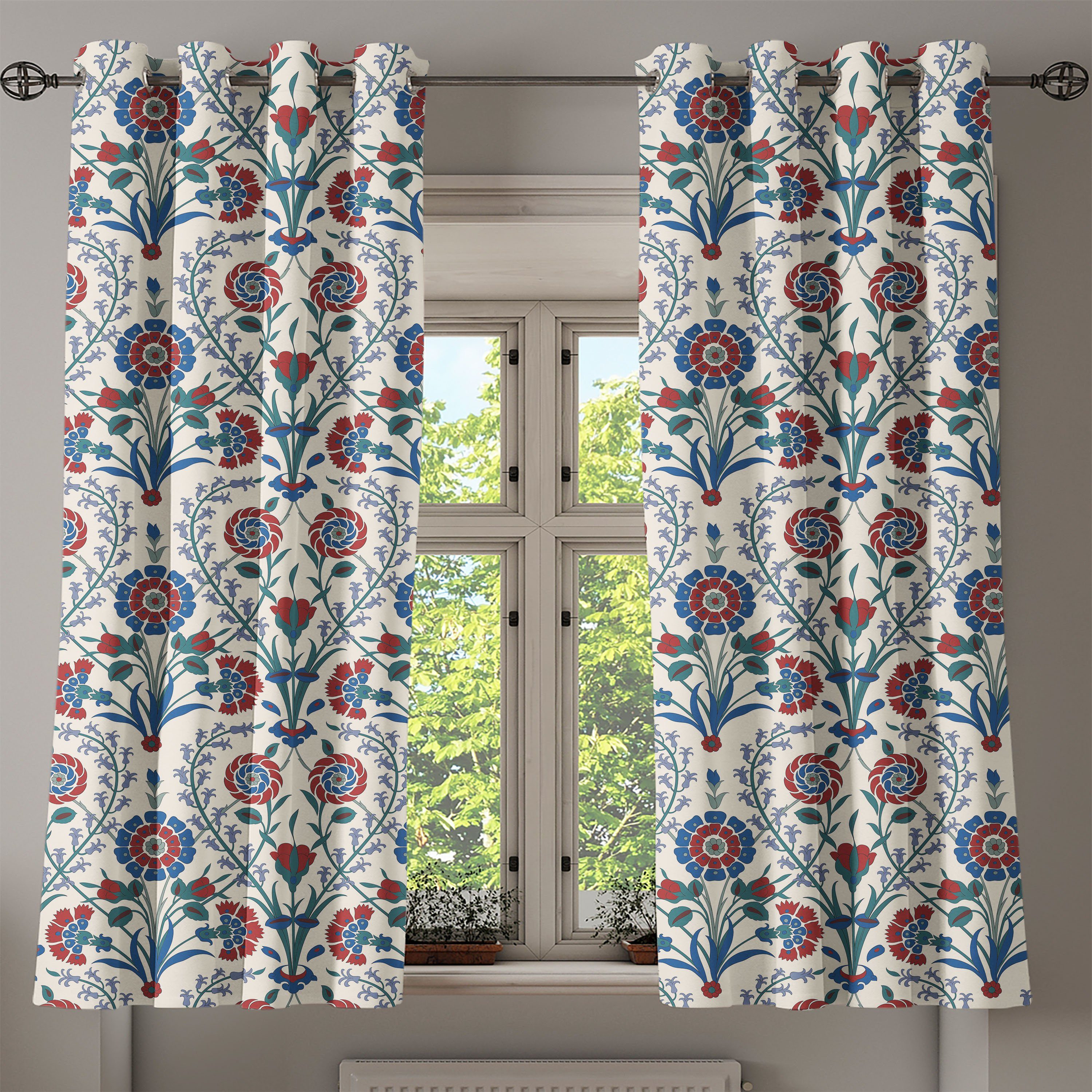Wohnzimmer, für Schlafzimmer Gardine Blumenblatt-Ornament Abakuhaus, Dekorative Ethnisch Altes 2-Panel-Fenstervorhänge