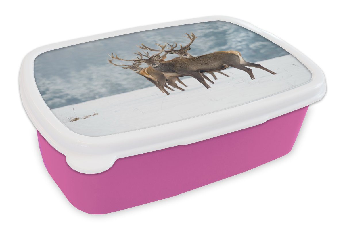 Erwachsene, für Brotdose - Kinder, MuchoWow Winter Landschaft rosa Mädchen, - Kunststoff (2-tlg), Natur, - - Snackbox, Hirsche Kunststoff, Lunchbox Tiere Schnee Brotbox -