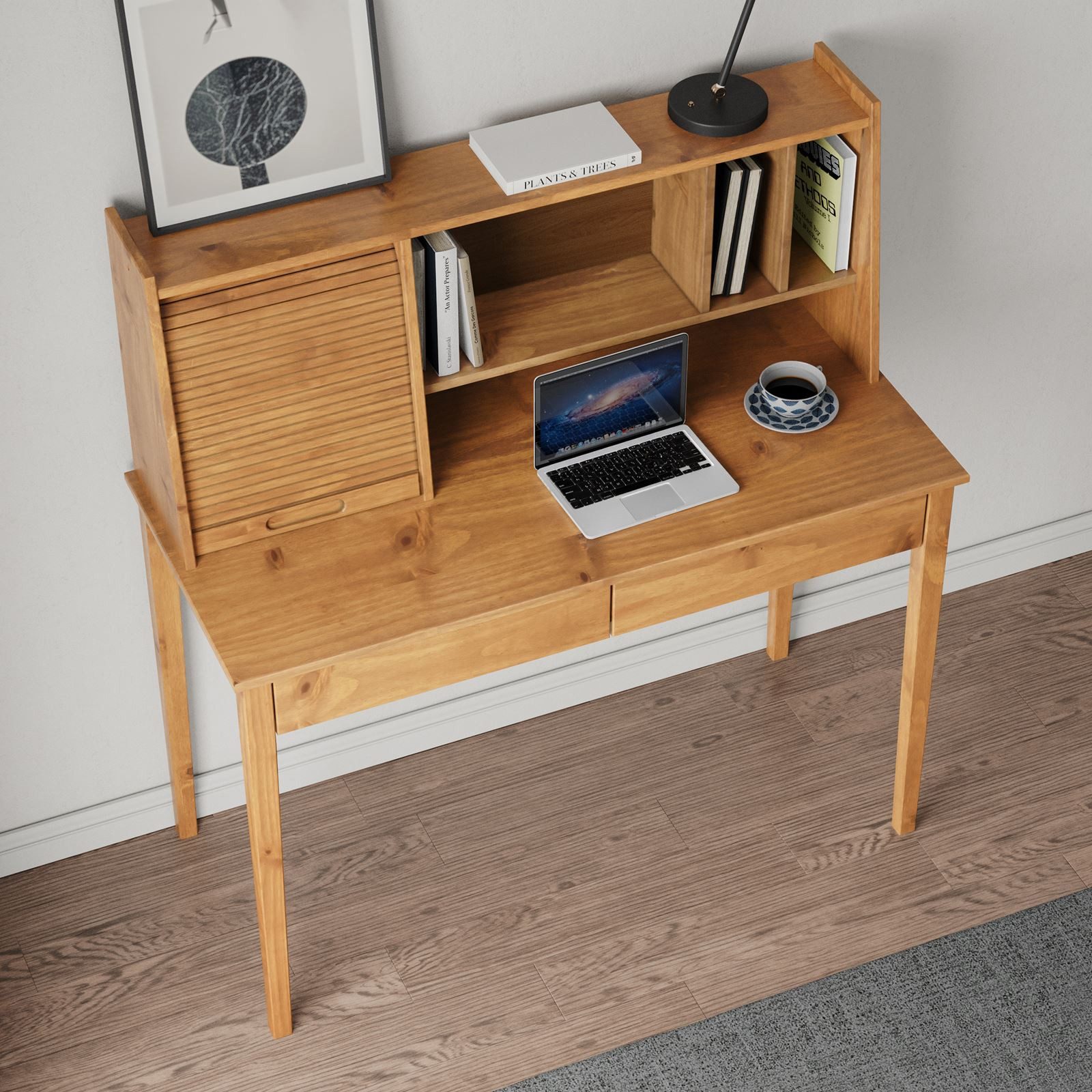 IDIMEX Schreibtisch ALISA, Massivholz Schreibtisch mit 2 Schubladen und Rollladen Eiche Finish