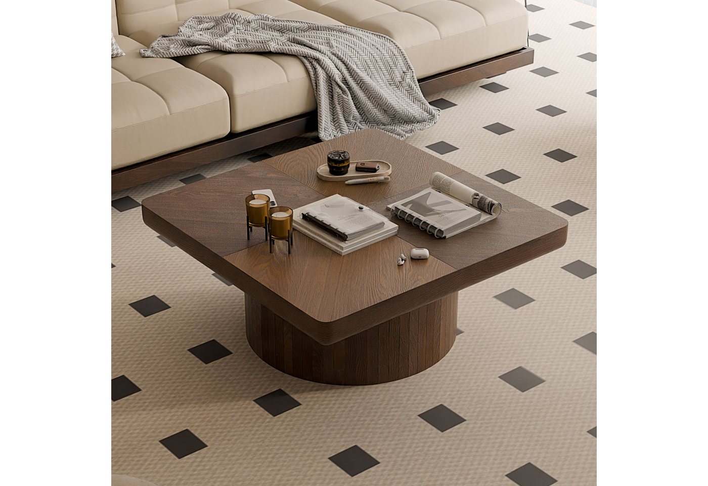 Celya Couchtisch Quadratische Tischplatte, 78 cm, moderne Tischplatte aus Holzfurnier (zylindrischer Sockel, verdickte Tischplatte, Einfach zu montieren), Geeignet für das Wohnzimmer