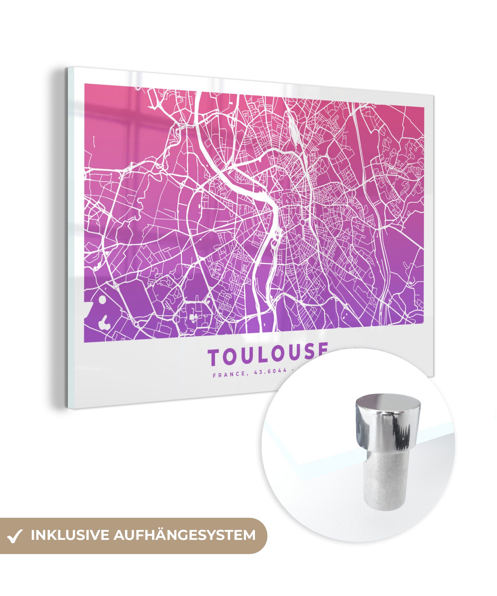 MuchoWow Acrylglasbild Toulouse - Stadtplan - Frankreich, (1 St), Acrylglasbilder Wohnzimmer & Schlafzimmer