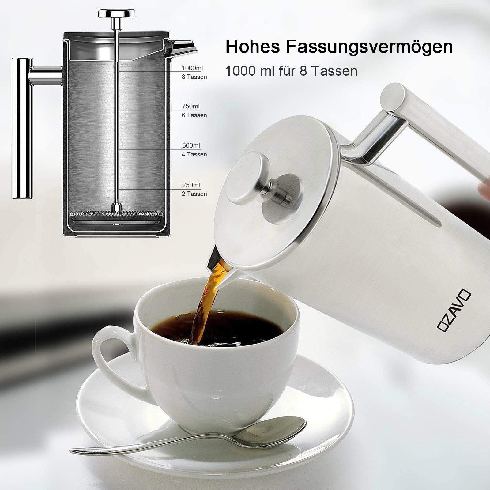 OZAVO Kaffeebereiter Edelstahl Kaffeebereiter doppelwandig mit 5 Edelstahl-Filtern Φ9,5cm, French Press Kanne 1L, Stempelkanne Kaffeepresse für Camping & Büro – Bild 3 von 5