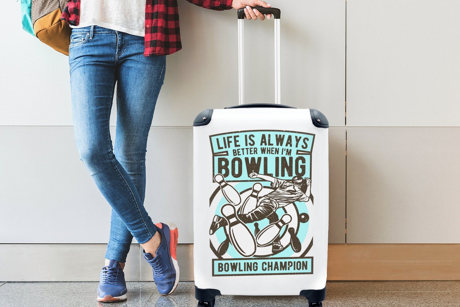 MuchoWow Handgepäckkoffer Bowling - Blau Reisekoffer Ferien, Vintage, Reisetasche rollen, Handgepäck - 4 mit für Trolley, Rollen