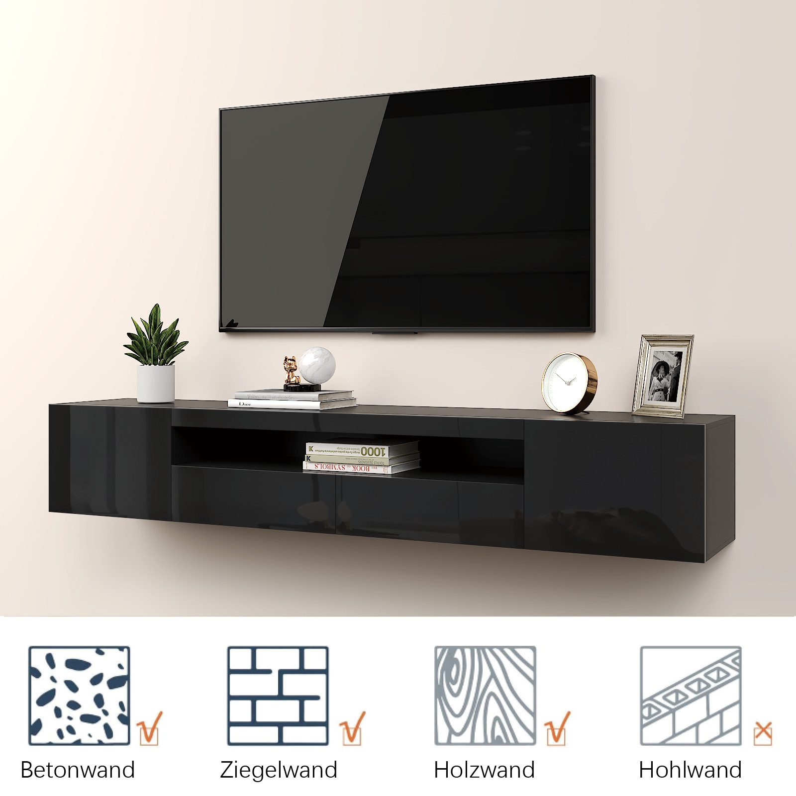 radelldar Lowboard 180cm Hochglanz mit LED-Beleuchtung und Stauraum (1 St), hängender TV-Schrank für Fernseher bis 85 Zoll