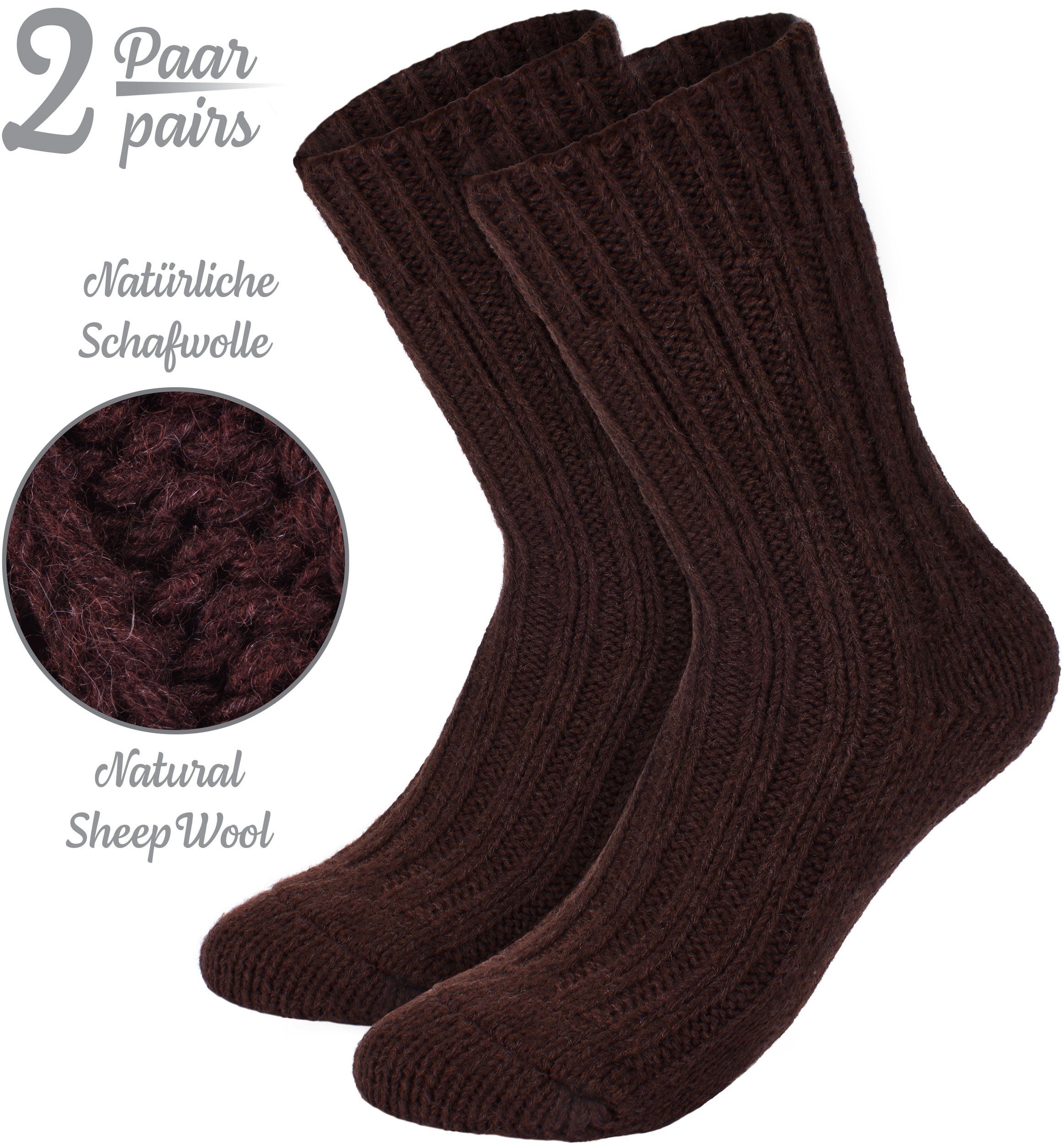 Warm Flauschig Herren Socken Damen Winter Stricksocken (2-Paar) Wintersocken Wollsocken und für mit BRUBAKER - Braun - und Thermosocken - Set Schafwolle