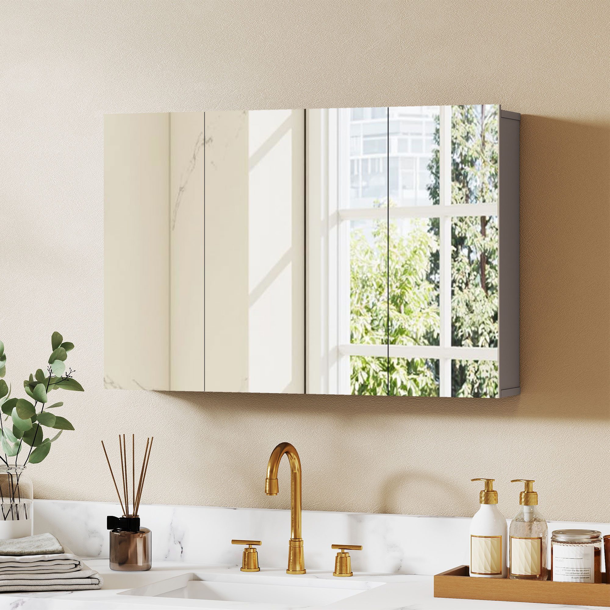 Kleankin Spiegelschrank Wandschrank Badschrank mit Verstellbaren Regalen (Set, 1-St., 1er Set) Badezimmer Spiegelschrank mit drei Türen