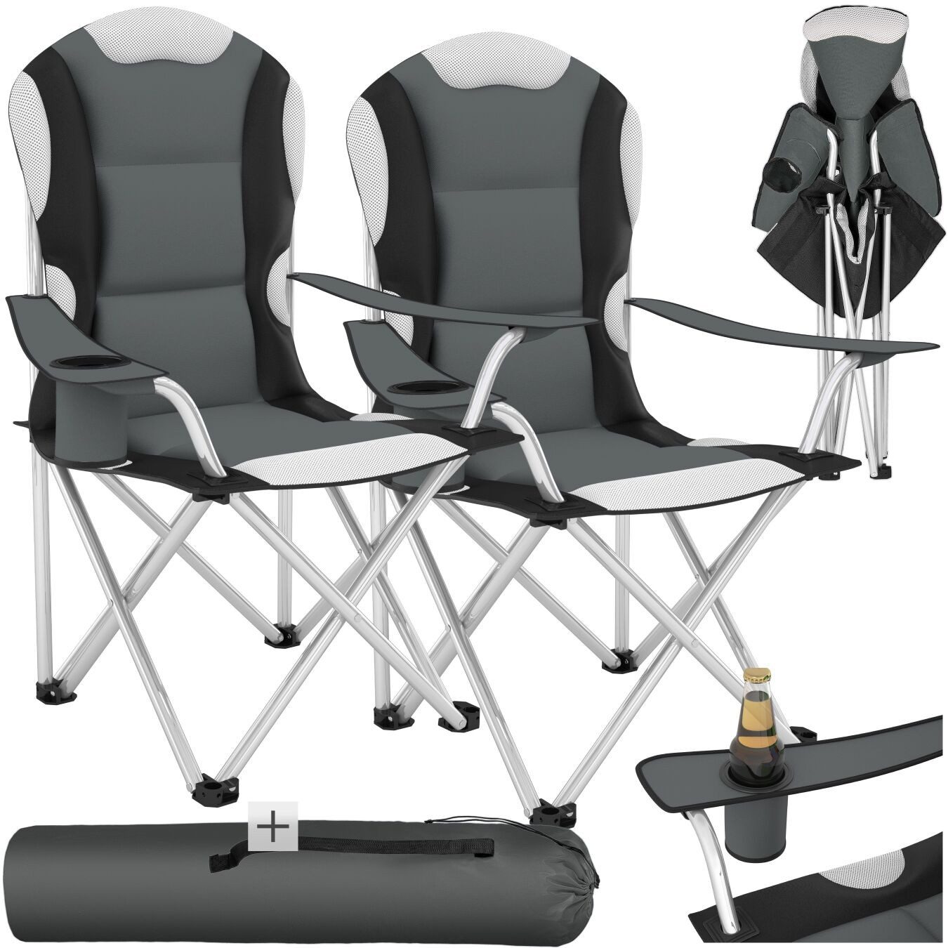 tectake Campingstuhl Gartenstuhl mit Polsterung, faltbar, 60 x 88 x 105 cm (Outdoor Klapptstuhl für Außen in Grau, 2 St), gepolstert, mit Getränkehalter, geringes Gewicht, inkl. Tragetasche