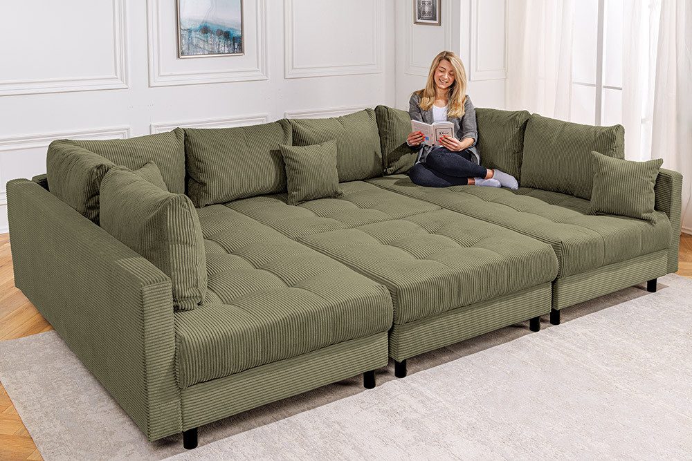 riess-ambiente Wohnlandschaft KENT 305cm grün/schwarz- inkl. Hocker & Kissen, Cord, Rundumbezug, FSC, Einzelartikel 1 Teile, XXL Couch in U-Form - ideal für große Wohnzimmer & Wohnbereiche