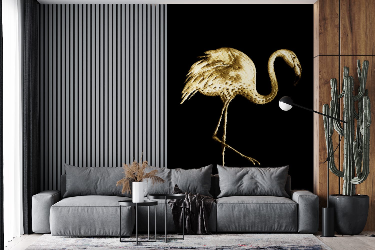 Flamingo - Matt, Fototapete bedruckt, St), Vinyl MuchoWow Tapete Montagefertig - Wohnzimmer, Schwarz, Gold für (3 Wandtapete