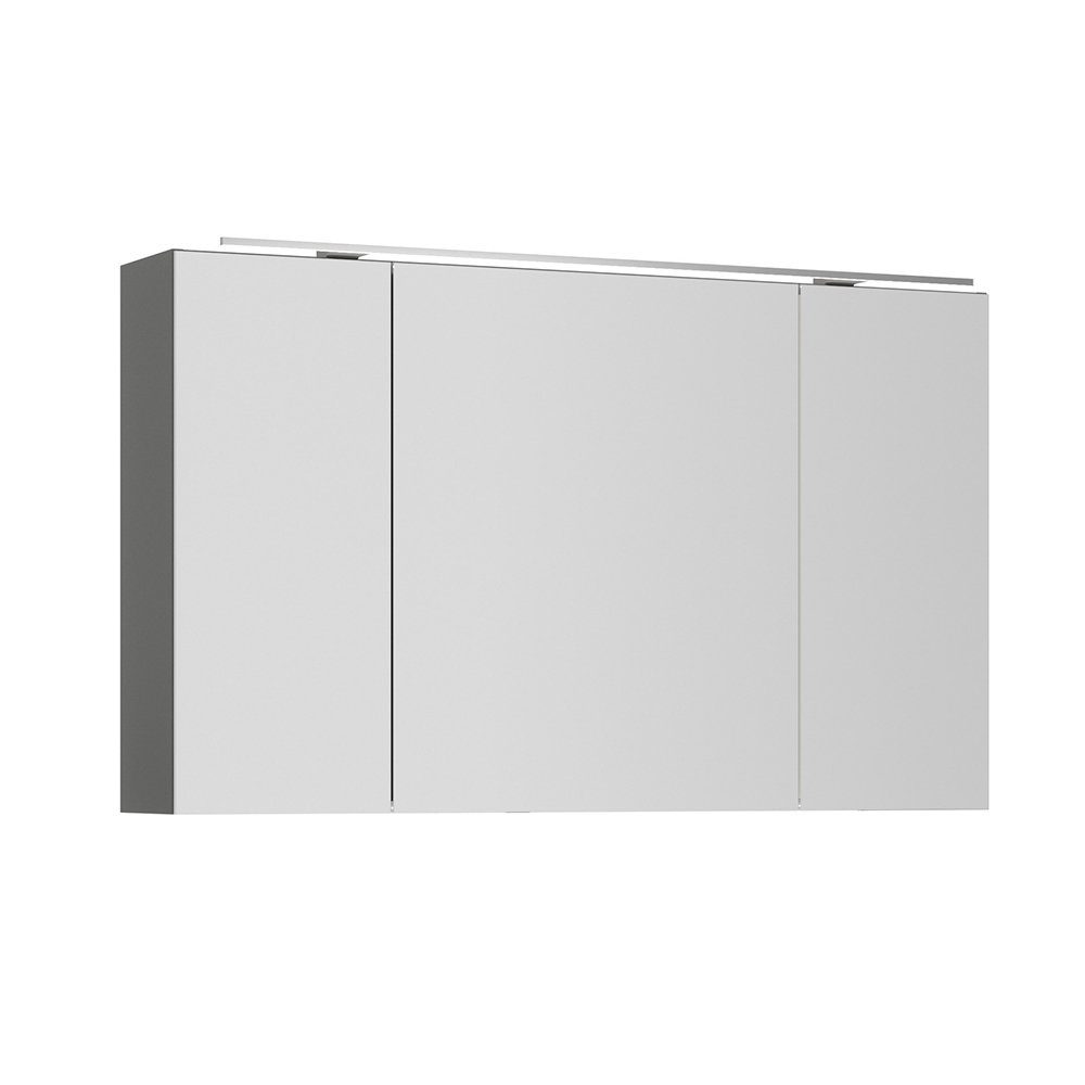 Lomadox Spiegelschrank PALERMO-136-GREY grau 120cm breit mit LED Aufsatzleuchte edelstahlfarben 120/72/21 cm | Spiegelschränke