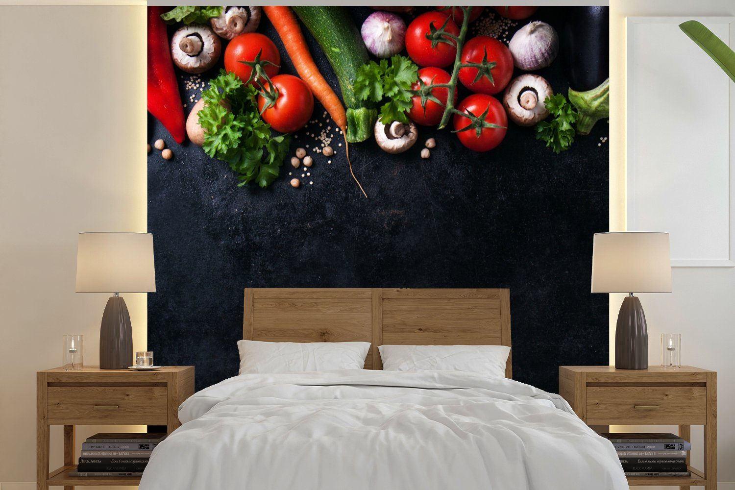 MuchoWow Fototapete Gemüse - Kräuter - Gewürze - Schwarz - Rustikal - Küche, Matt, bedruckt, (4 St), Vliestapete für Wohnzimmer Schlafzimmer Küche, Fototapete | Fototapeten