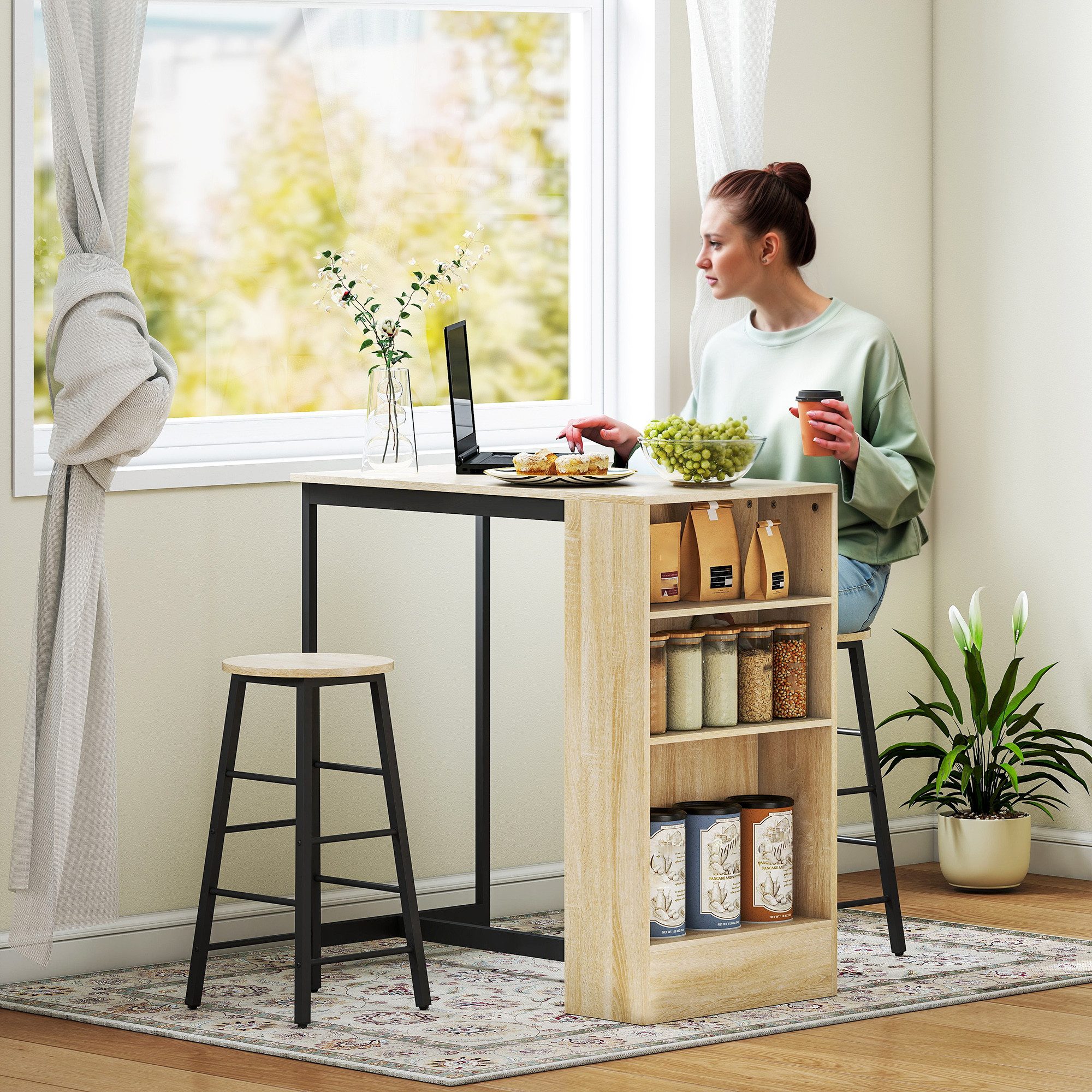 HOMCOM Bargruppe Küchentresen mit 2 Barstühlen, Fußstütze und verstellbaren Ablagen, (Bartisch mit Barhocker Set, 3-tlg., Bartisch-Set), im Modern-Stil, platzsparend, für Esszimmer, Küche, Stahl, Eiche