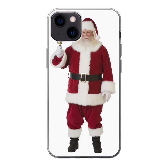 MuchoWow Handyhülle Der ikonische Weihnachtsmann läutet seine Glocke auf einem weißen Handyhülle Apple iPhone 13 Smartphone-Bumper Print Handy