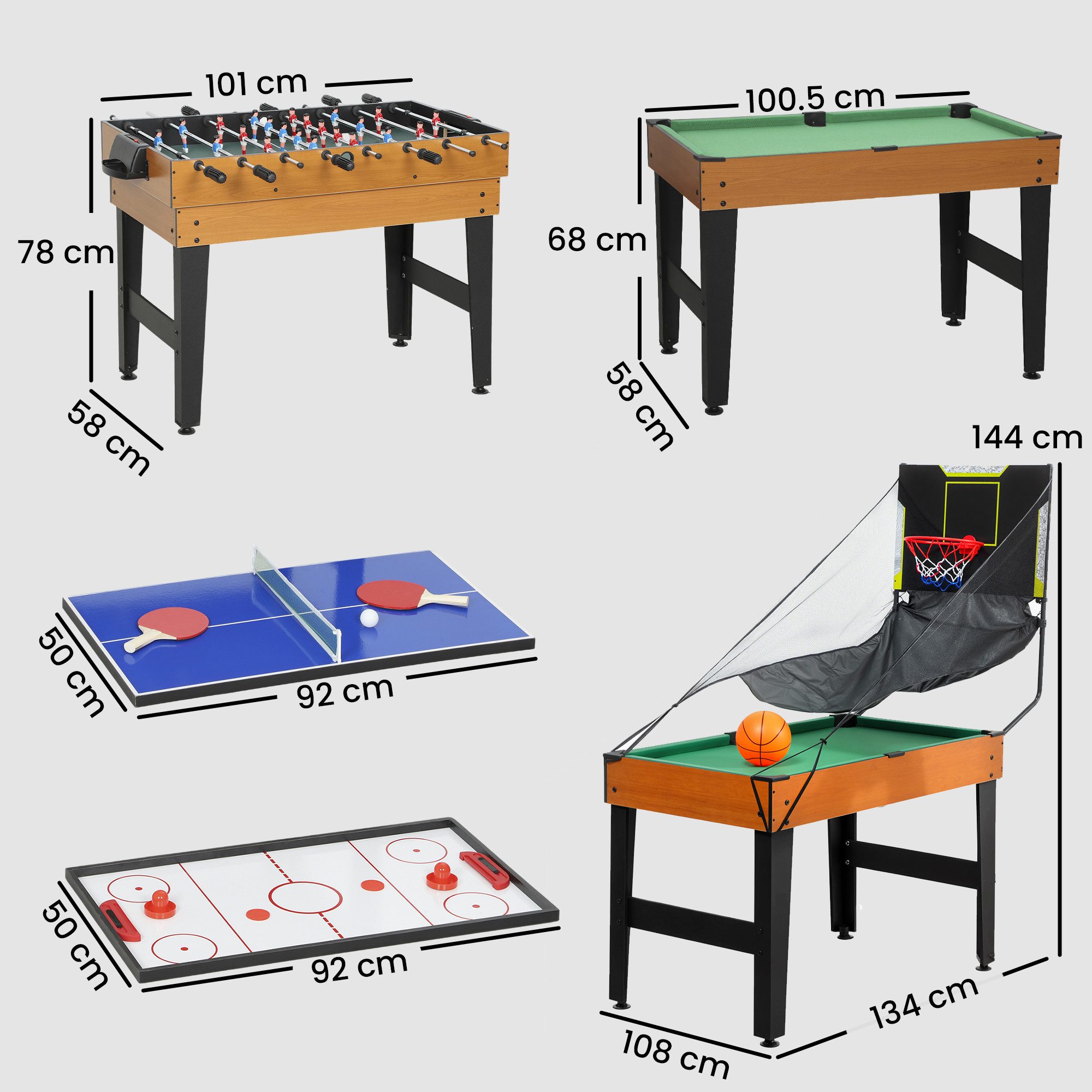 SPORTNOW Spieltisch Tischtennis Billardtisch für Spielzimmer Bars Partys für Erwachsene, (Multifunktionstisch, 5-tlg), mit Zubehör, Naturholz+Schwarz