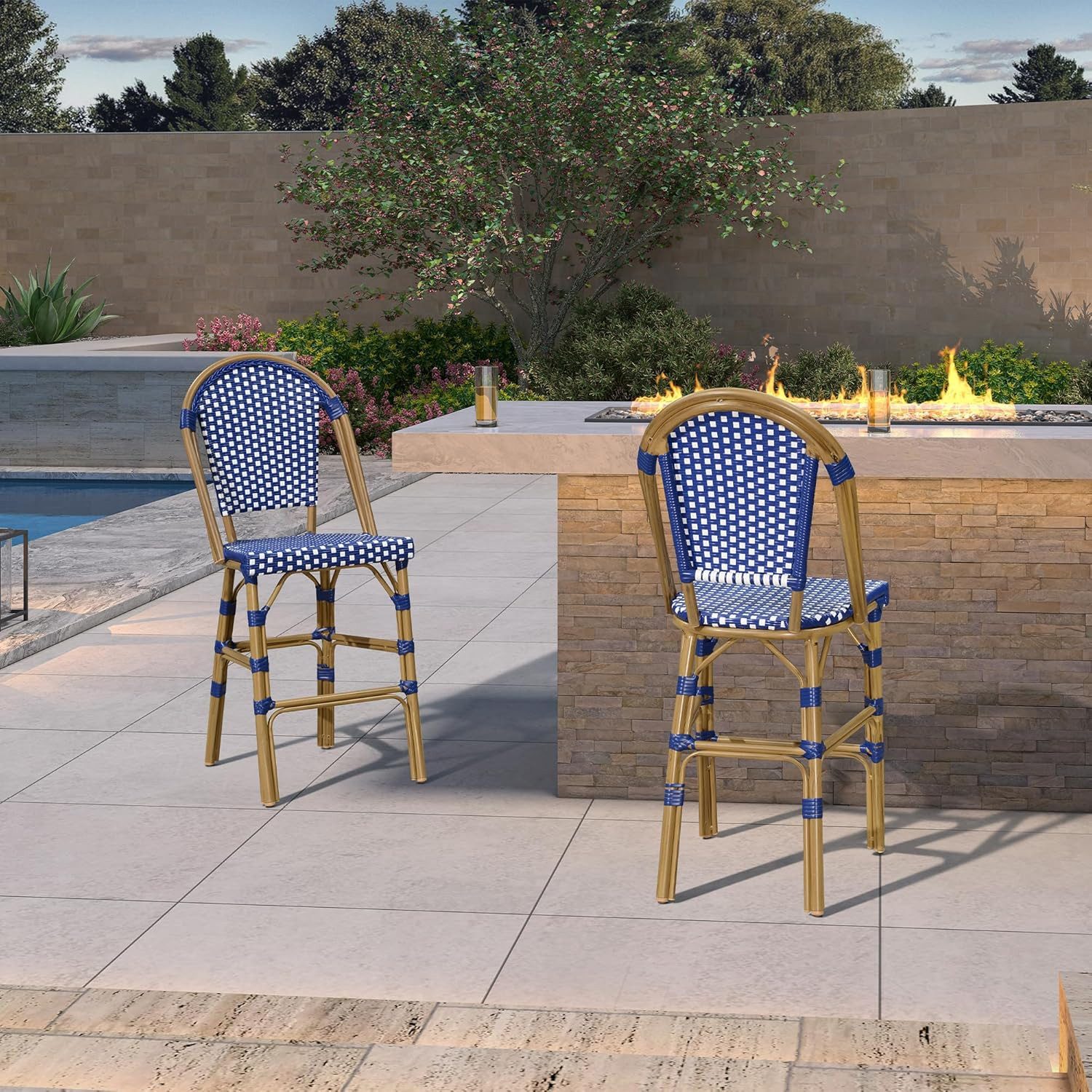 PURPLE LEAF Barhocker Französischer Stil 2st, Handgeflochten, Aluminium, Hohe Rückenlehne (2 Barhocker, 2er Set), Barstuhl Outdoor-Tresenhocker Rattan, für Bar, Cafés, Küchen, Garten