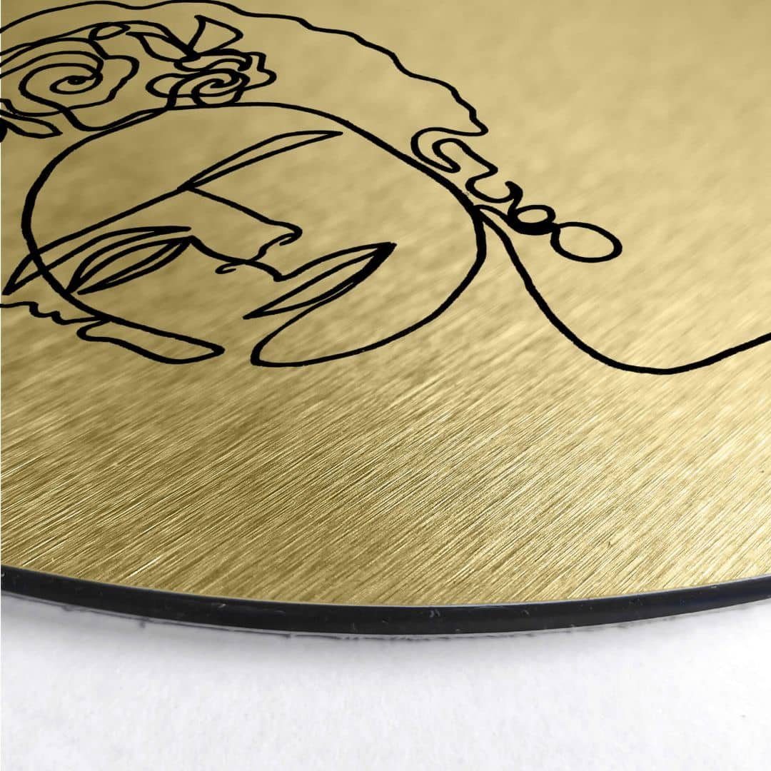 K&L Wall Art Alu-Dibond-Druck Metallposter Rund Frida Kahlo abstrakte Linework moderne Goldoptik, Metalloptik Wandbild Ø 20cm
