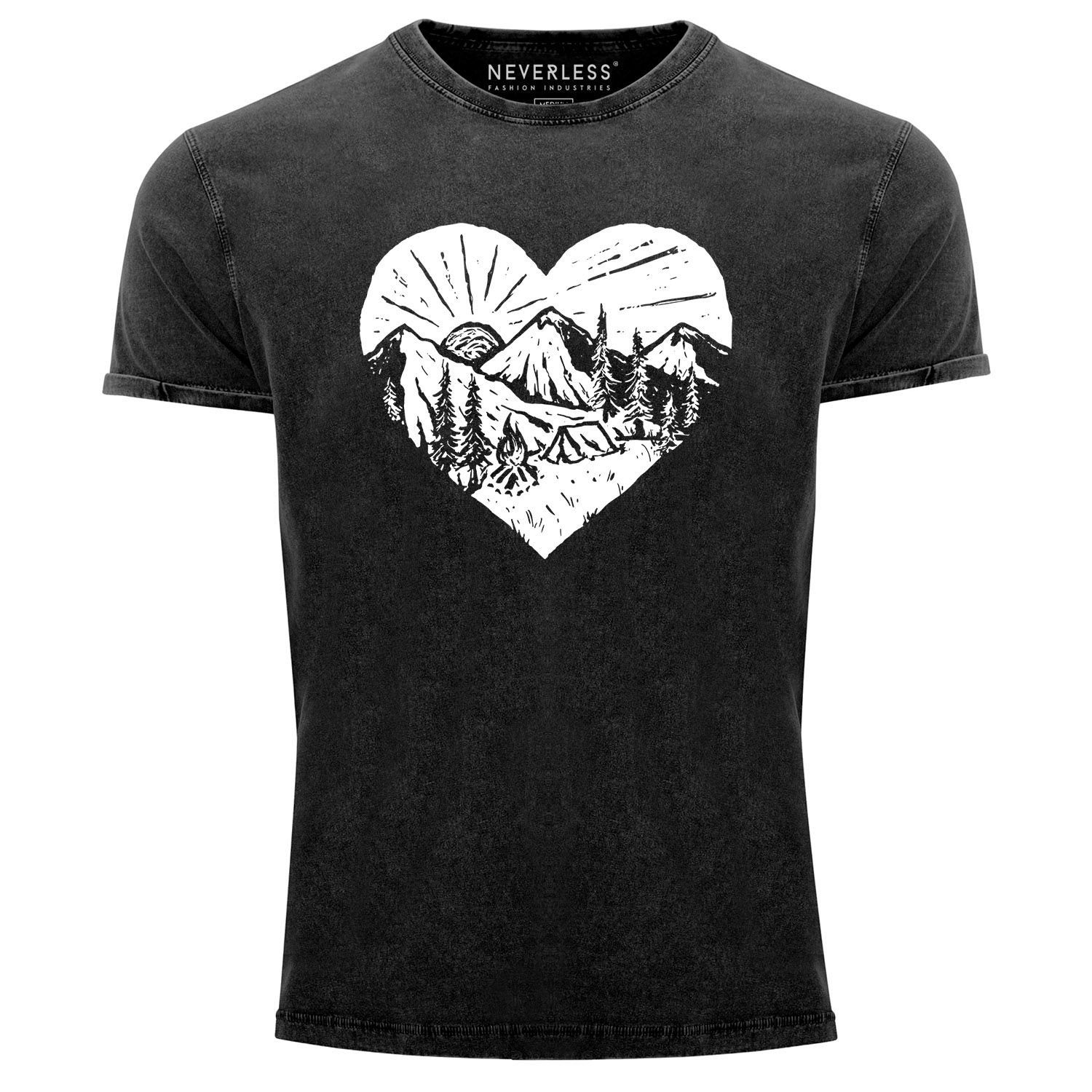 Herren Look Printshirt Wandern Vintage T-Shirt Camping Adventure Naturfreund Print Shirt Used Aufdruck Print-Shirt mit Neverless Berge Neverless®