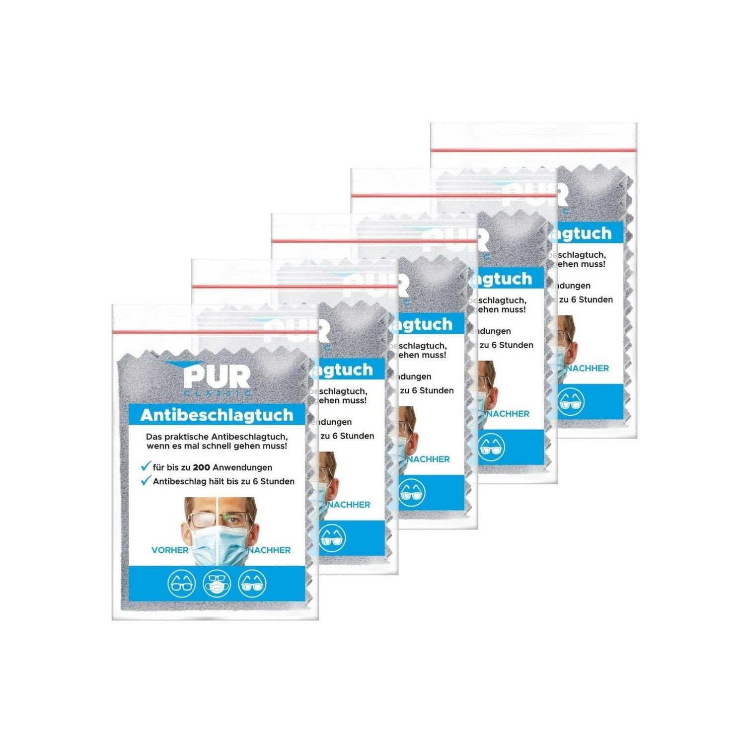 PUR PREMIUM Brille 5x Antibeschlag Tuch für Brillen, Antifog Tuch, Wiederverwendbar