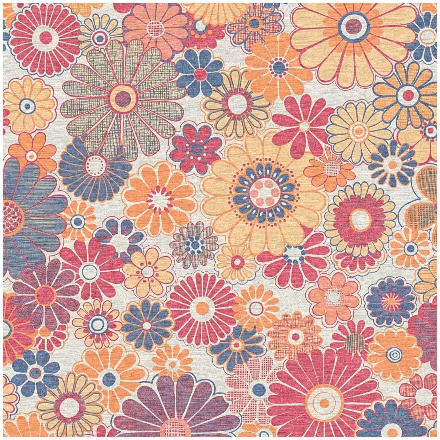 Profhome Vliestapete 395354-GU Retro Tapete Blumen matt rot ocker-gelb blau, geprägt, (1 Rolle, 4,51 qm), heißgeprägte Vliestapete, rot