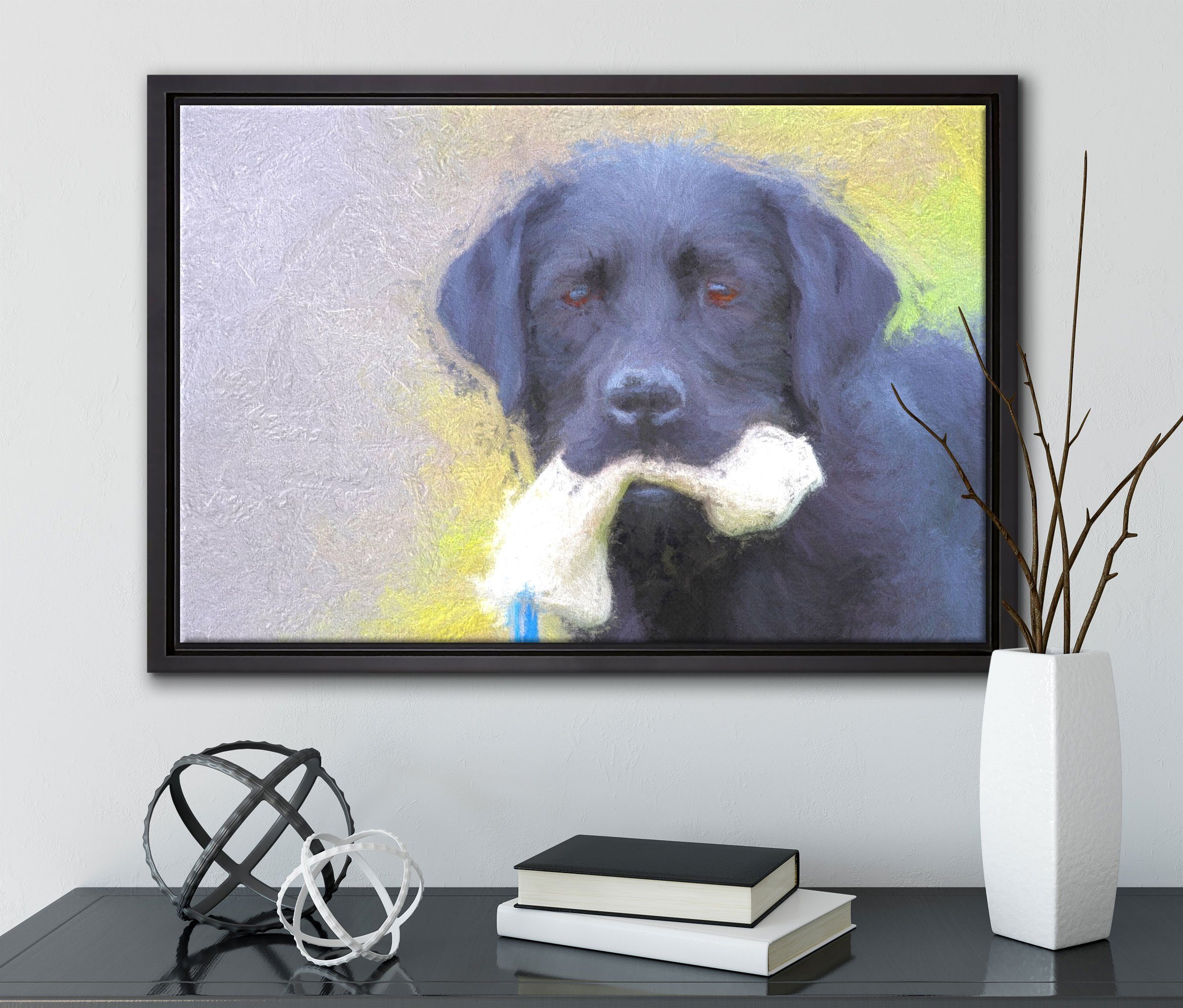 einem in Zackenaufhänger inkl. bespannt, Labrador mit Leinwandbild Leinwandbild St), Spielzeug, gefasst, schwarzer Wanddekoration (1 fertig Pixxprint Schattenfugen-Bilderrahmen