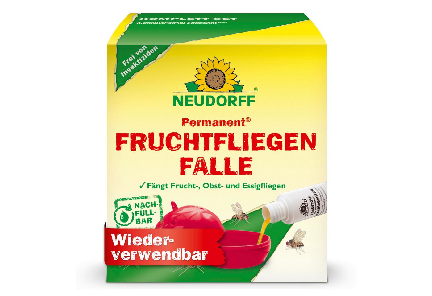Neudorff Insektenfalle Permanent FruchtfliegenFalle inkl. 1 Fläschchen Köderlösung, Nachfüllbarer Lockstoff für Permanent FruchtfliegenFalle