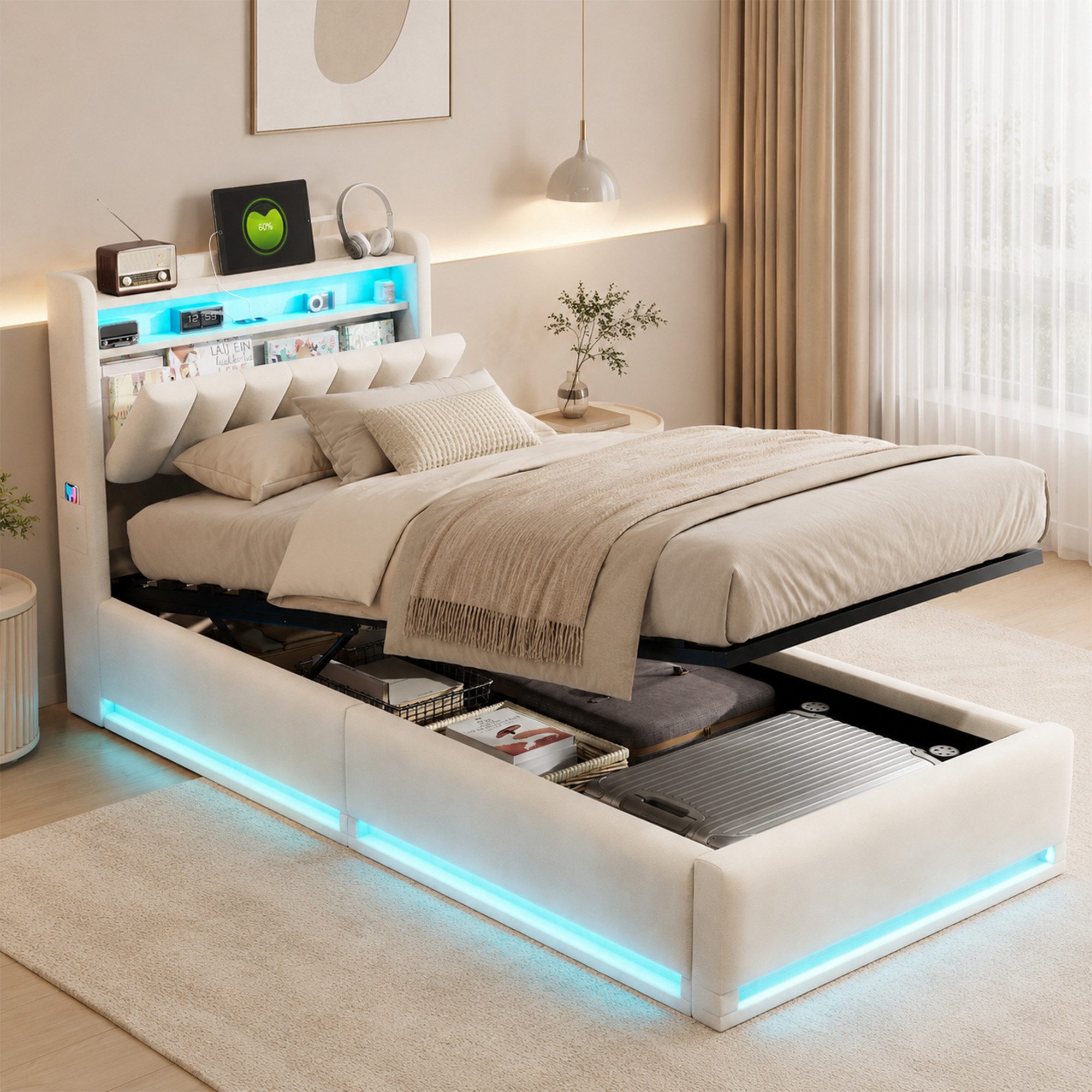 Simurq Stauraumbett Polsterbett 90x200 mit Stauraum, LED-System & USB-Anschluss (gepolstertes Kopfteil mit Ablagefächern), Einzelbett mit hydraulischem Bettkasten