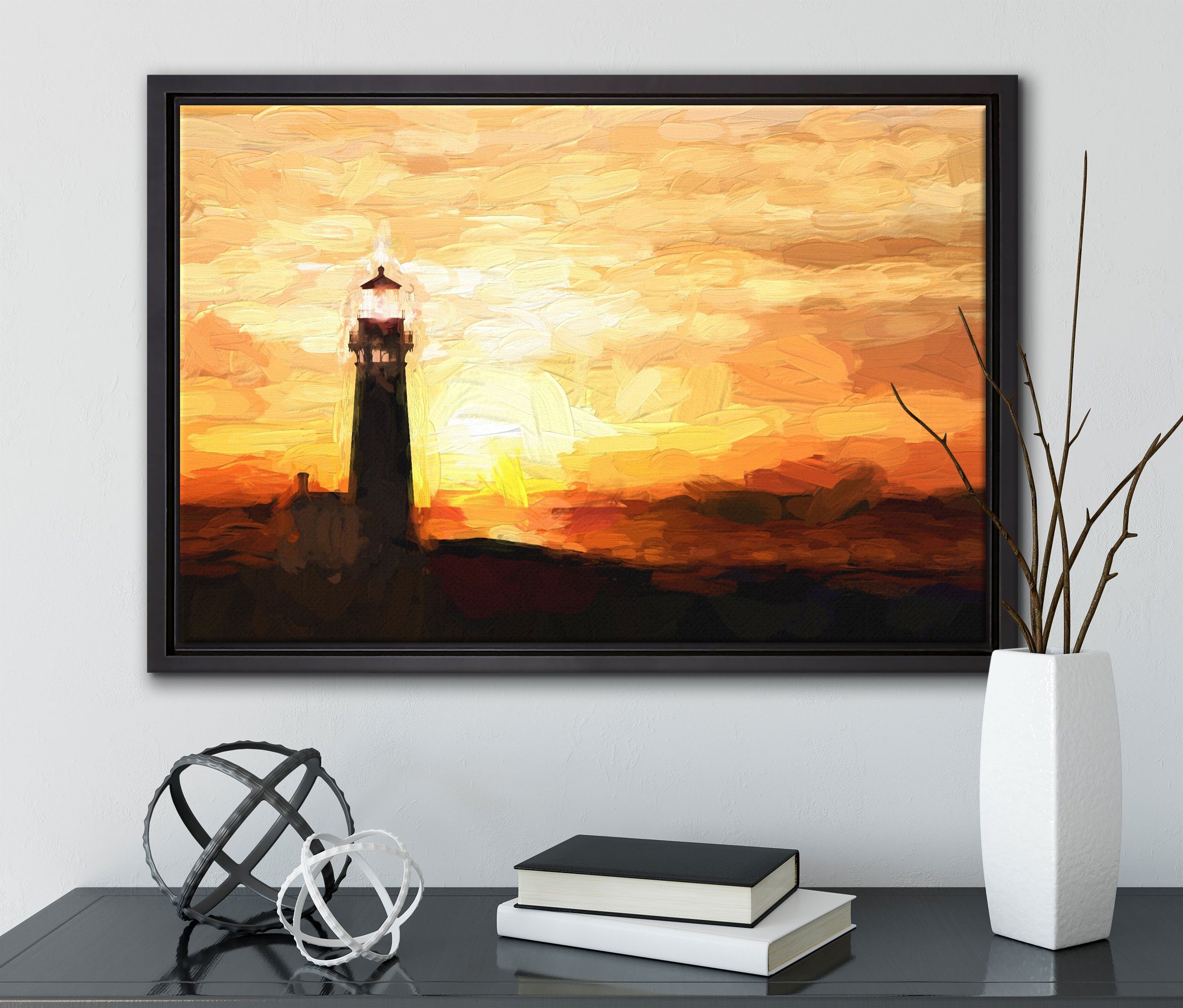 Schattenfugen-Bilderrahmen Leinwandbild inkl. Wanddekoration gefasst, Leuchtturm Zackenaufhänger Sonnenuntergang, in einem Pixxprint fertig im bespannt, Leinwandbild (1 St),