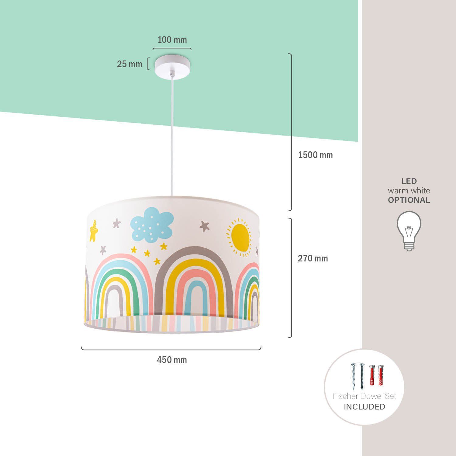 E27 Deckenlampe Sterne Tweet Kinderzimmer Wolken Leuchtmittel, Pendelleuchte Paco Home Regenbogen Sonne 462, ohne Lampe