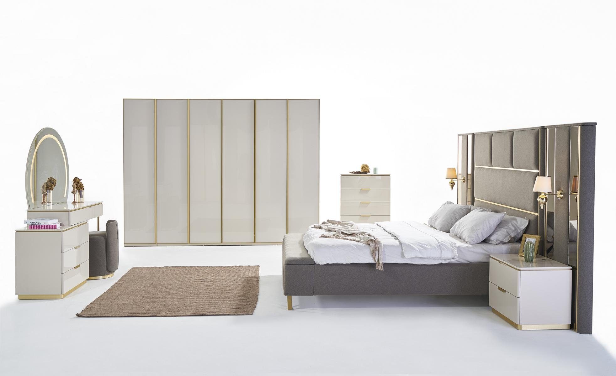 JVmoebel Schlafzimmer-Set, Luxus Komplett Schlafzimmer Set Beige Gold Kommode Bett Nachttisch