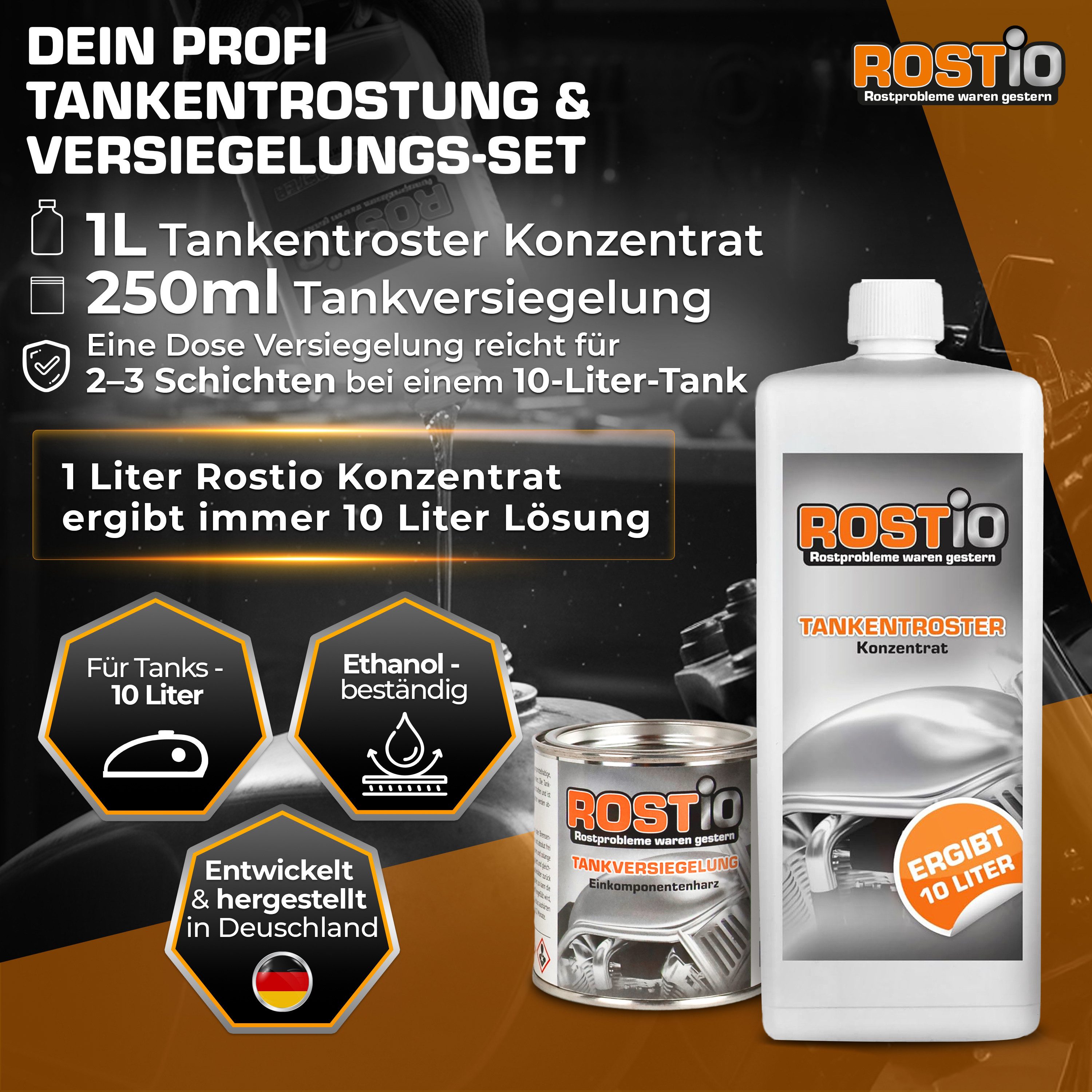 Rostio Tankentroster Set - 1 Liter Konzentrat + 250ml Tankversiegelung Rostentferner