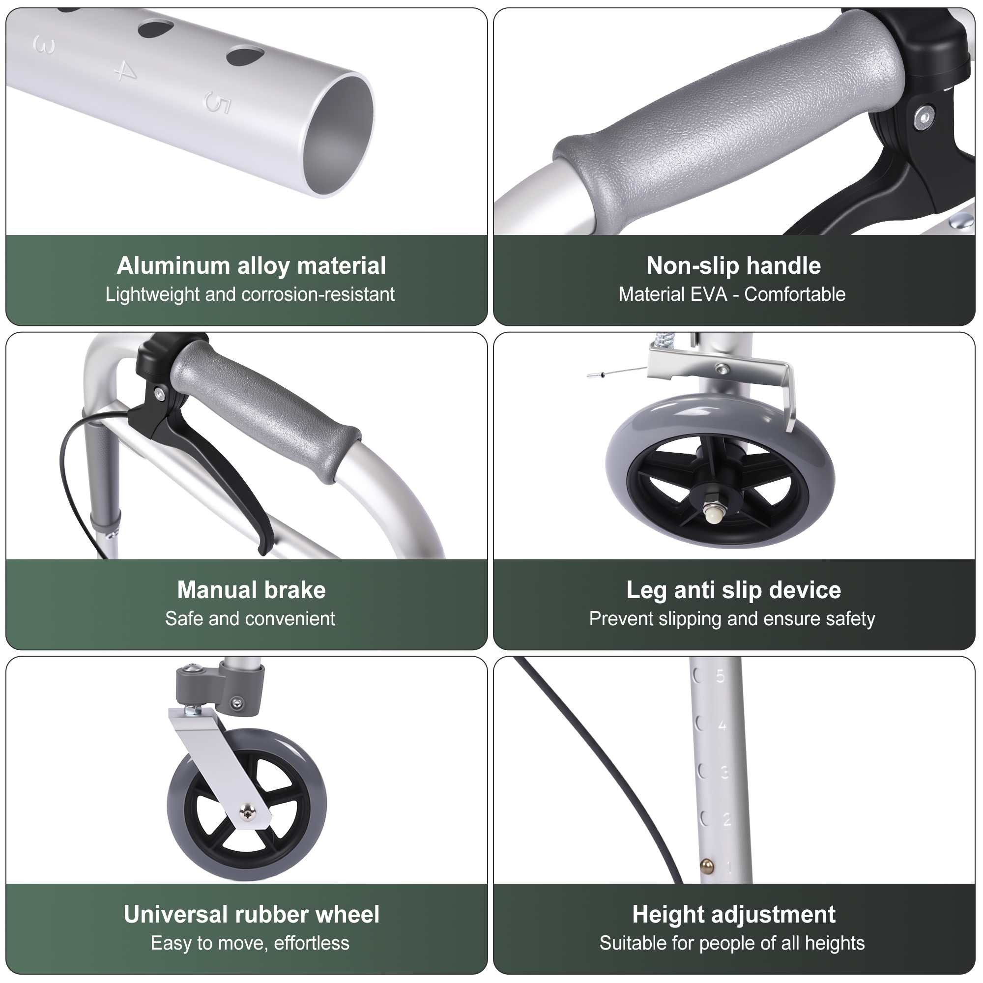 BBG Unterarmkrücke Aluminium Gehwagen mit Bremsen & EVA-Griff, Höhenverstellbar, faltbar, rutschfest & belastbar bis 136 kg für Senioren