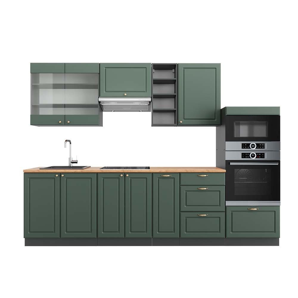 Vicco Küchenzeile Fame-Line, Grün-Gold Landhaus/Anthrazit, 280 cm, AP Eiche
