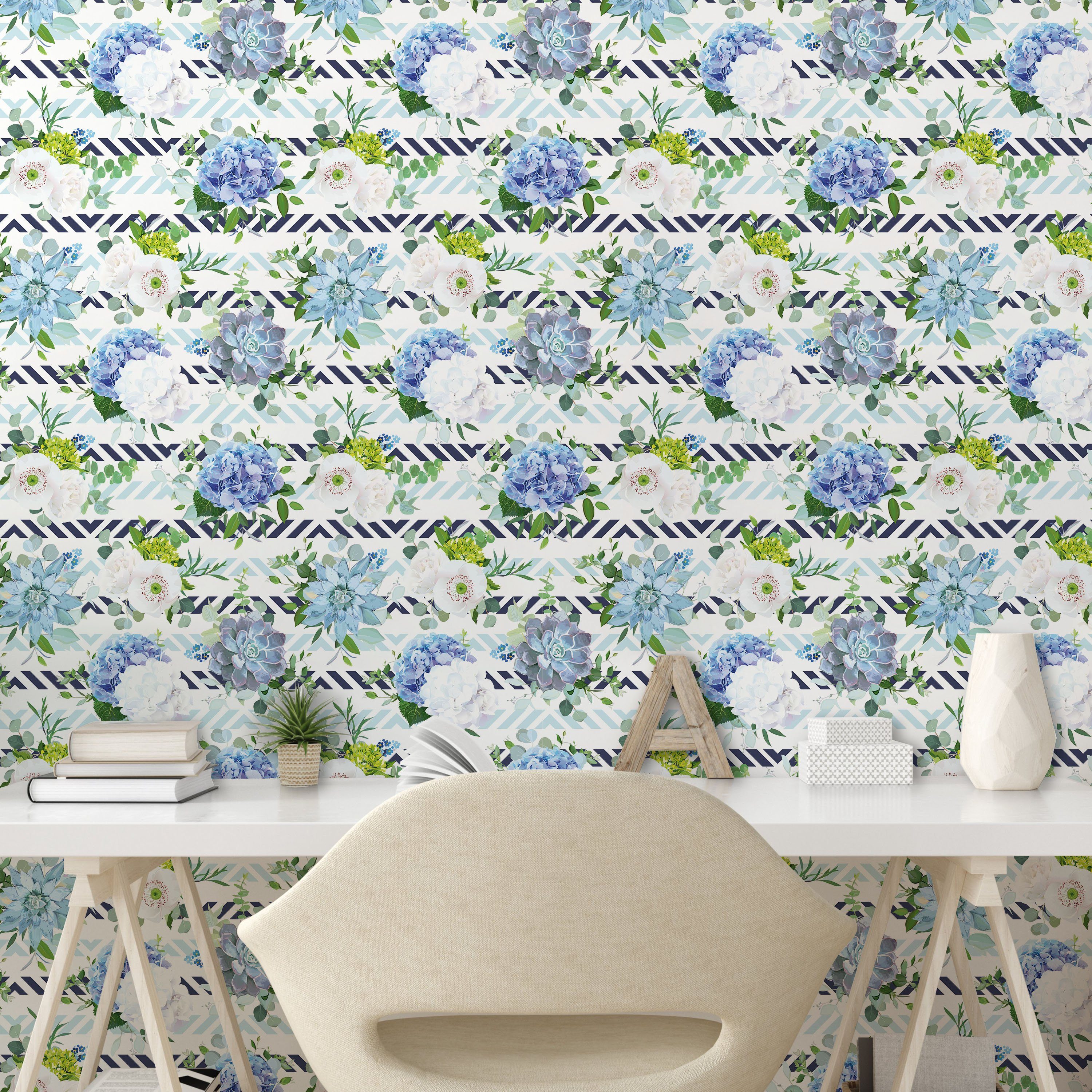 Abakuhaus Vinyltapete auf Wohnzimmer Frische Küchenakzent, selbstklebendes Blumen Hortensie Streifen