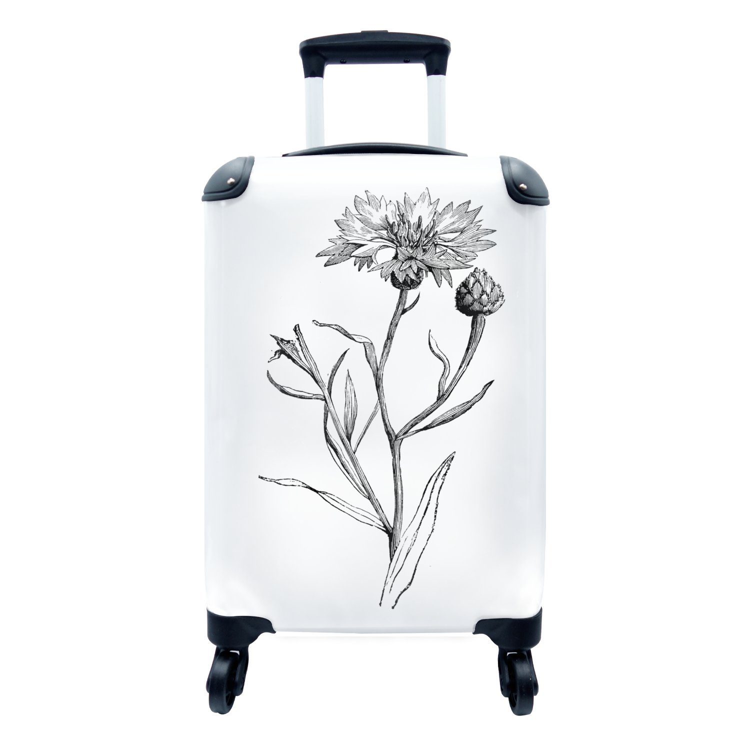 MuchoWow Handgepäckkoffer Eine Reisetasche Handgepäck Reisekoffer Trolley, für Rollen, rollen, mit 4 einer Illustration Ferien, Kornblume, einzelnen schwarz-weiße
