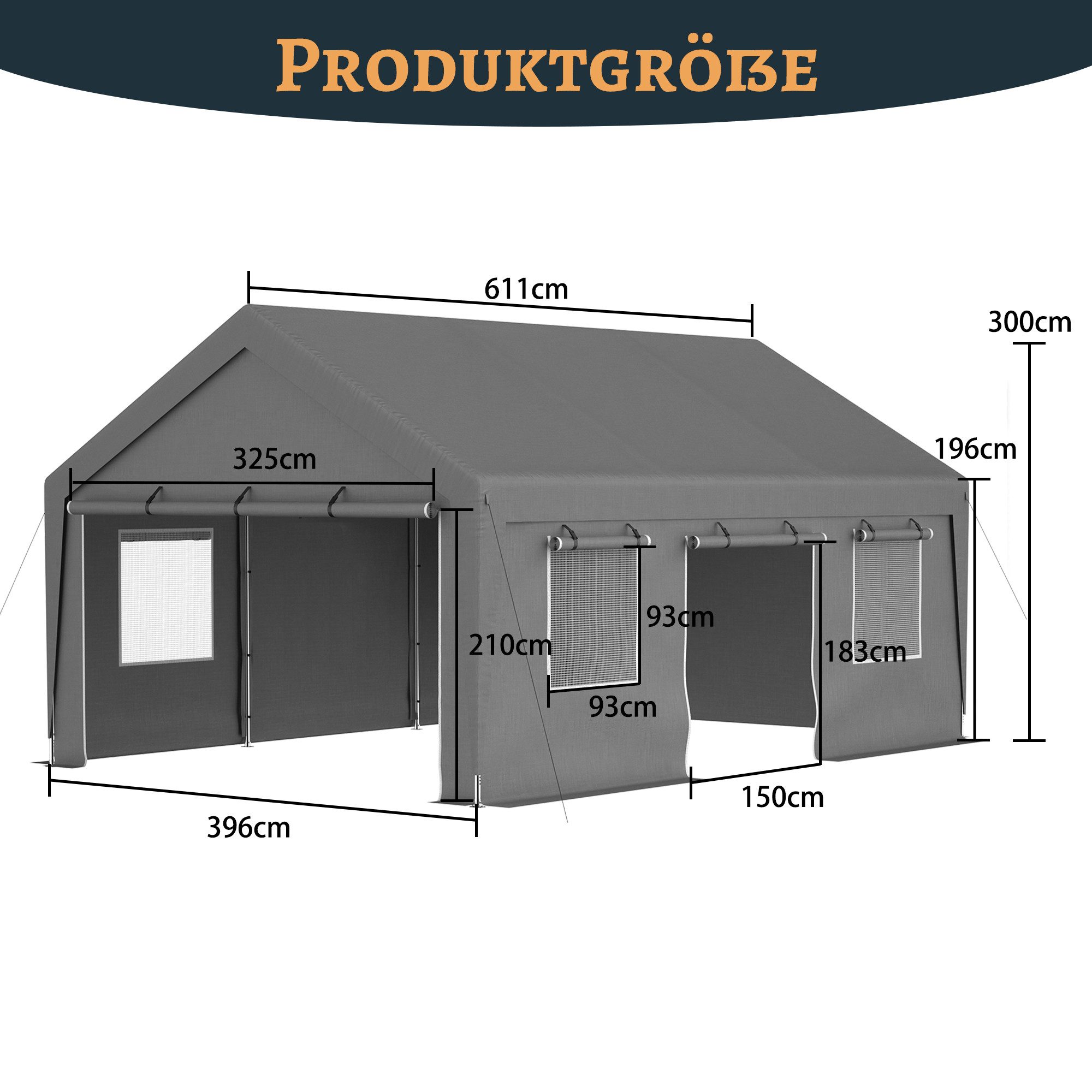 Blossom Garage 6×4×3 m Carport Wetterfeste Fahrzeuggarage mit verzinktem Stahlrahmen (Rolltoren & Fenstern), Gartenhaus wasserdichter UV-beständiger Plane für Auto & Garten