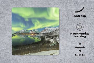 MuchoWow Gaming Mauspad Nordlichter - Fjord - Norwegen (1-St), Mousepad mit Rutschfester Unterseite, Gaming, 40x40 cm, XXL, Großes