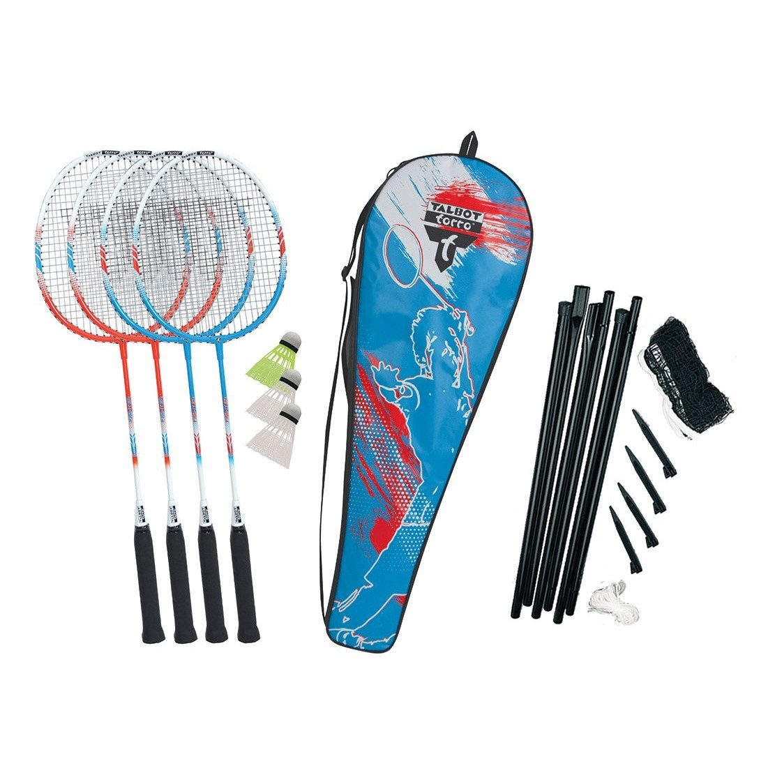 Talbot-Torro Badmintonschläger Federball-Set 4-Fighter NEW (4xSchläger, 3xBälle, Netz+Pfosten, Hülle)