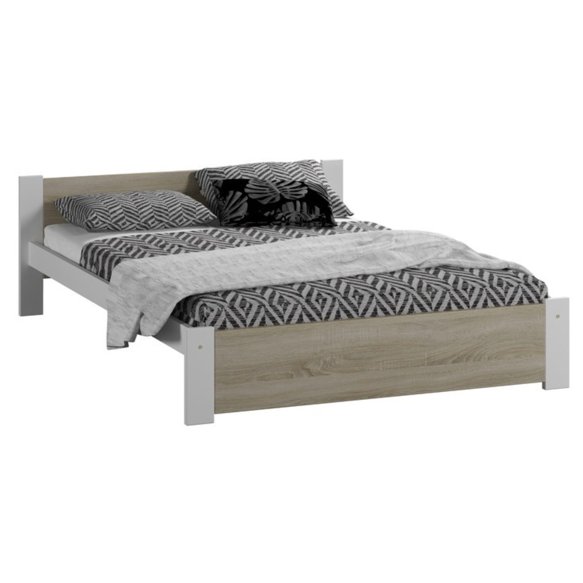 Home Collective Bettgestell Bett aus Massivholz Kiefer & Möbelplatte mit Lattenrost (mit sichere Lackierung auf Wasserbasis und verstärkter Konstruktion), 205x152x58.5 cm, Weiß mit Sonoma Eiche