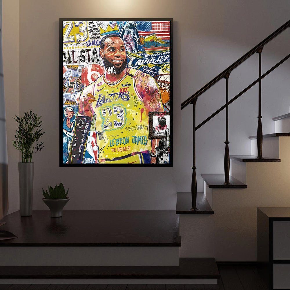 LeBron Basketball Porträt James Leinwandbild, DOTCOMCANVAS® Rahmen Collage Lakers Pop Leinwandbild goldener Art