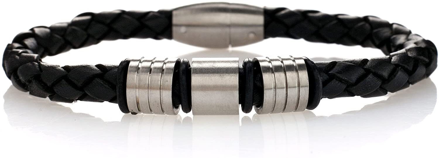 IP Poliert Matt - Edelstahl Leder Magnetverschluss Armband Plating Männer Karisma Black mit Elemente Lederarmband 9003-21cm