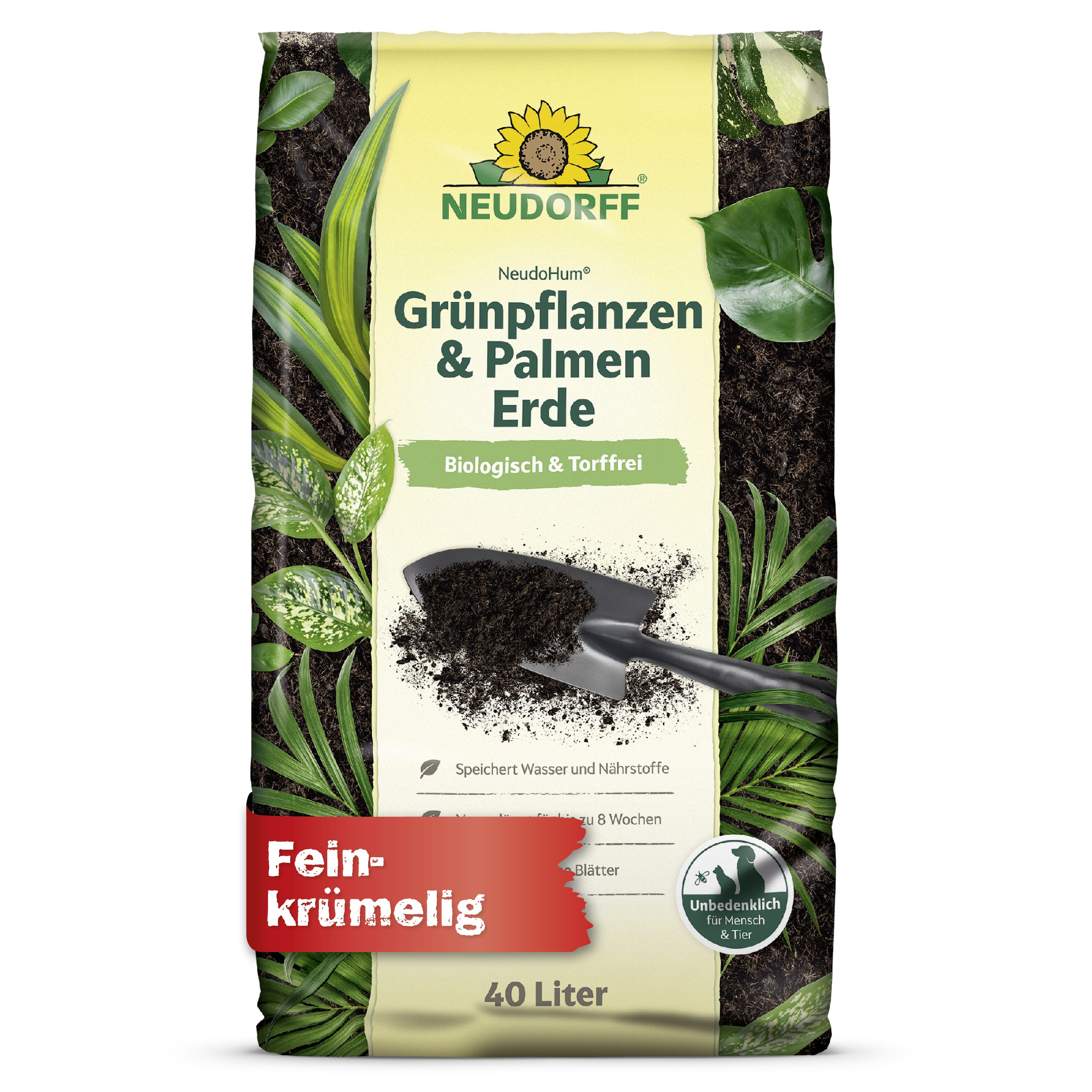 Neudorff Blumenerde NeudoHum Grünpflanzen- & PalmenErde 40 L, mit Organische Grunddüngung, (Einzelartikel, Für kräftige Pflanzen und intensiv grüne Blätter), Torffrei, speichert Wasser und Nährstoffe, organisch vorgedüngt