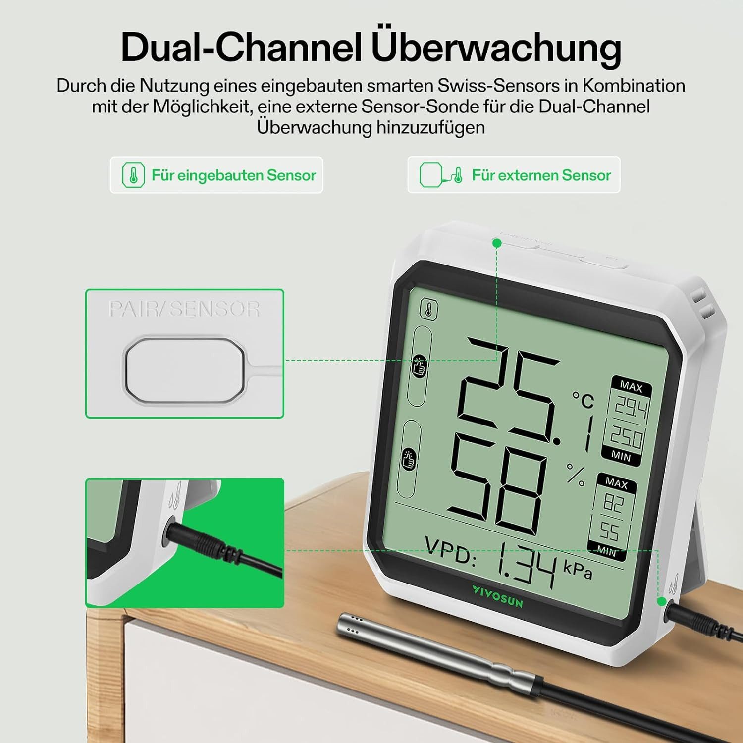 VIVOSUN Raumthermometer VIVOSUN AeroLab THB1S Bluetooth Thermometer mit Sensor, Präzises Bluetooth Thermo-Hygrometer mit VPD und externer Sonde