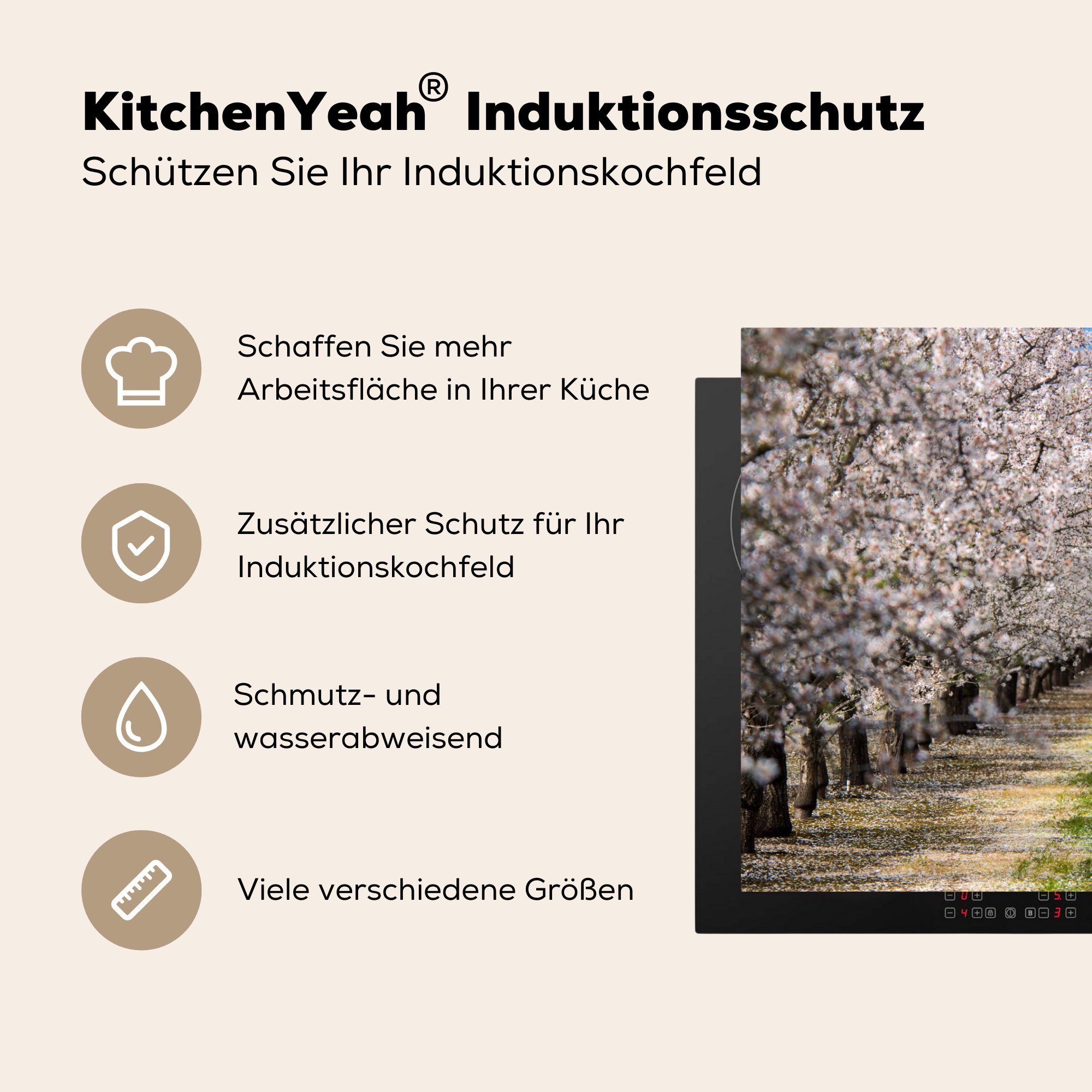 MuchoWow Herdblende-/Abdeckplatte Weg zwischen den cm, Vinyl, Ceranfeldabdeckung die Induktionskochfeld (1 Mandelbäumen, für 81x52 tlg), Schutz küche