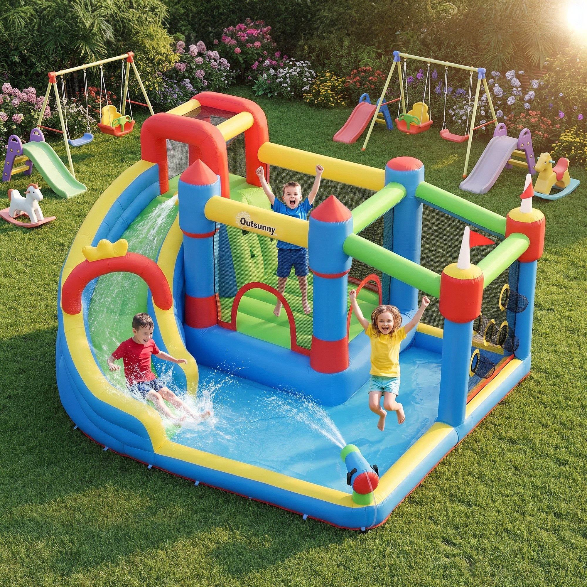 Hüpfburg mit Gebläse Wasserrutsche, Trampolin, Kletterwand, für Kinder