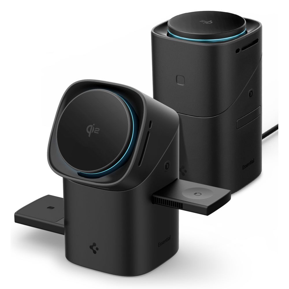 Spigen Ladestation Ladeständer Schnellladegerät Induktions-Ladegerät (Spar-Set, 1-tlg., Qi2, MagSafe, 3 Geräte, drehbar, ausziehbar)