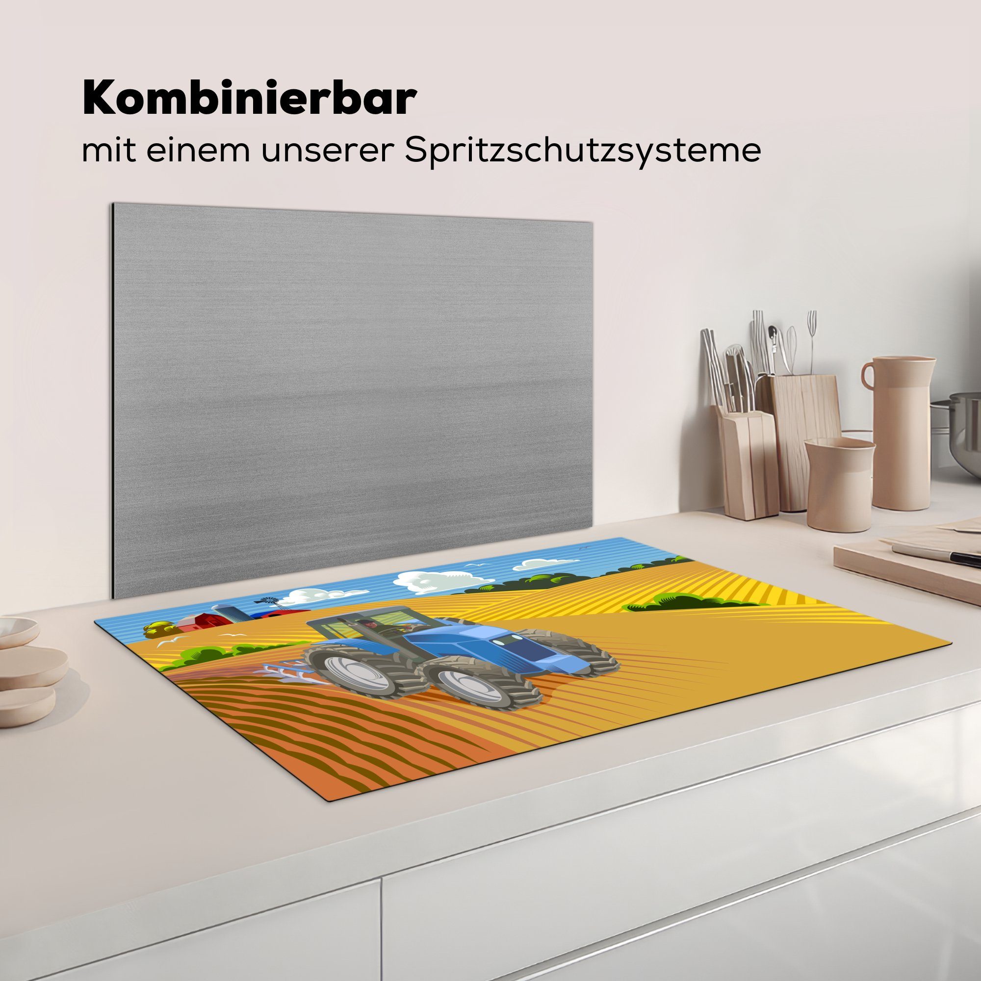 MuchoWow Herdblende-/Abdeckplatte Vinyl, tlg), (1 Ceranfeldabdeckung, Traktor 83x51 cm, Arbeitsplatte - - küche Wolken, Landwirt für